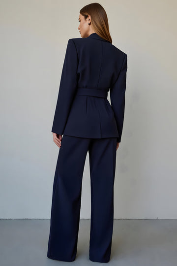 Satin bleu marine 2 pièces à simple boutonnage costumes de bal